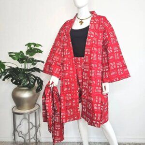 African Print Kimono Duster Set: Wide Leg Shorts, Belt & Headwrap